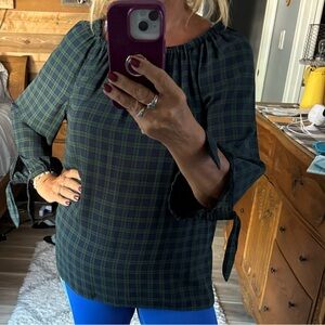 Talbots Navy and Green Plaid Blouse with tie sleeves.
